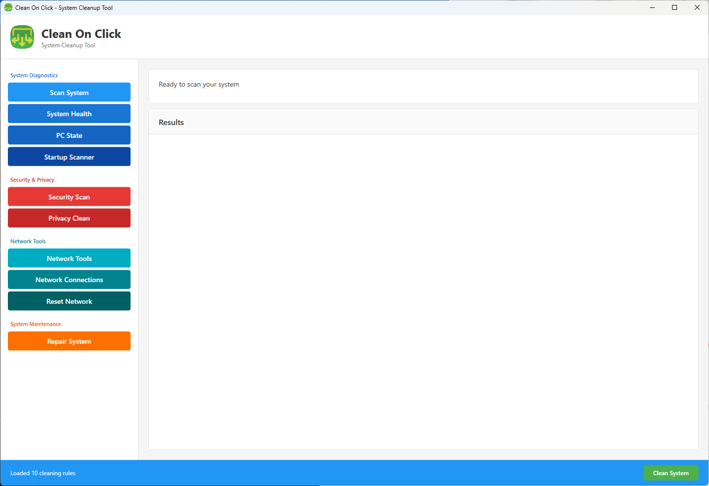 CleanOnClick application interface